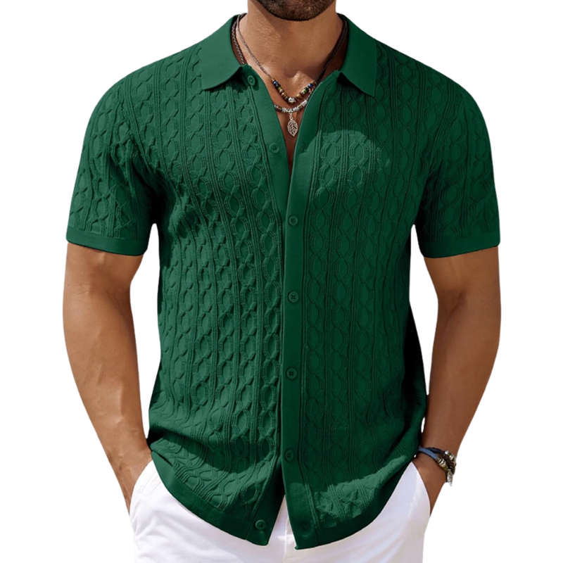 Men's Casual Geometric Jacquard Lapel Slim Fit Short Sleeve Knitted Cardigan 9952302137528