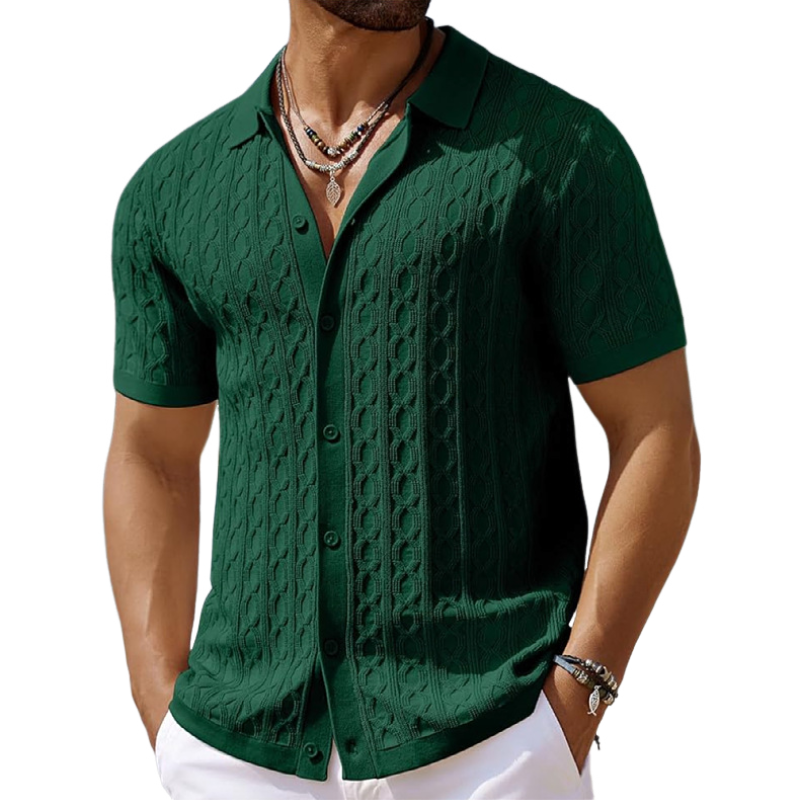 Men's Casual Geometric Jacquard Lapel Slim Fit Short Sleeve Knitted Cardigan 9952302137528