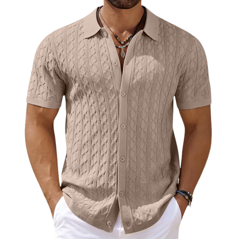 Men's Casual Geometric Jacquard Lapel Slim Fit Short Sleeve Knitted Cardigan 9952302137528