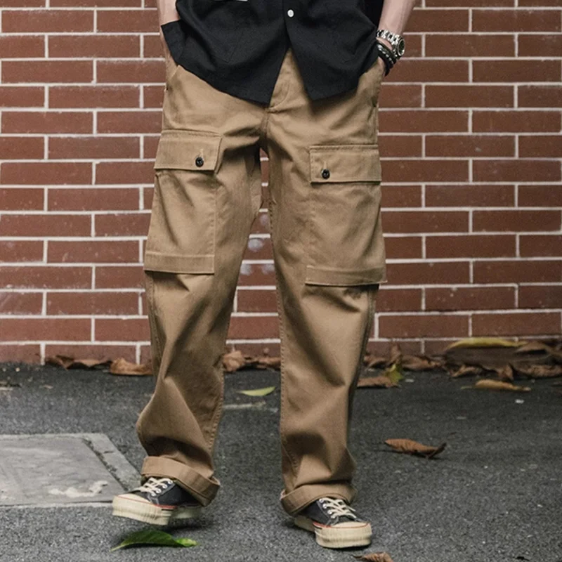 Men's Solid Color Cotton Multi-pocket Straight Cargo Pants 9952302858424