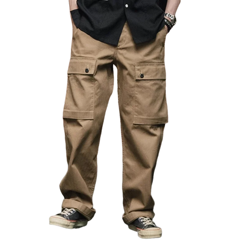 Men's Solid Color Cotton Multi-pocket Straight Cargo Pants 9952302858424