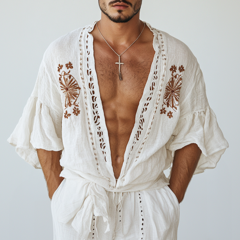 Men's Ethnic Style Embroidered Half Sleeve Cotton And Linen Cardigan Shirt 9953678262456