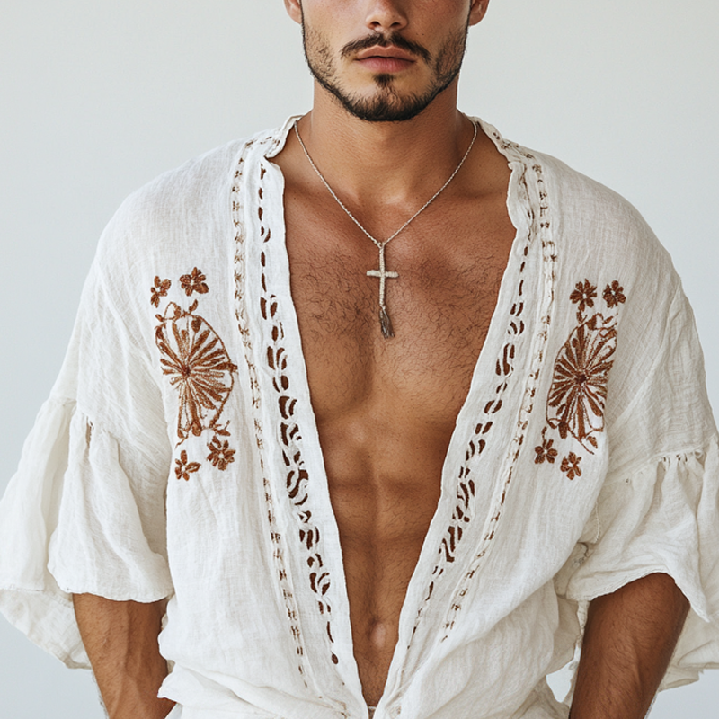 Men's Ethnic Style Embroidered Half Sleeve Cotton And Linen Cardigan Shirt 9953678262456
