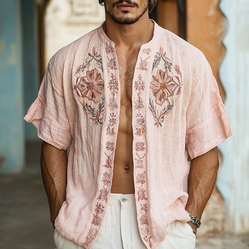 Men's Ethnic Style Embroidered Round Neck Short Sleeve Cotton And Linen Cardigan Shirt 9953676067000