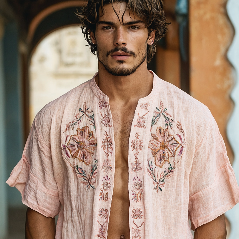 Men's Ethnic Style Embroidered Round Neck Short Sleeve Cotton And Linen Cardigan Shirt 9953676067000