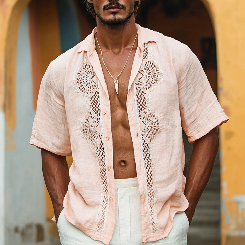 Men's Ethnic Style Lace Stitching Lapel Short Sleeve Cotton And Linen Shirt 9953676427448