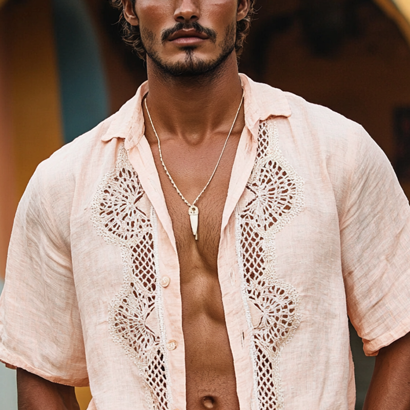 Men's Ethnic Style Lace Stitching Lapel Short Sleeve Cotton And Linen Shirt 9953676427448