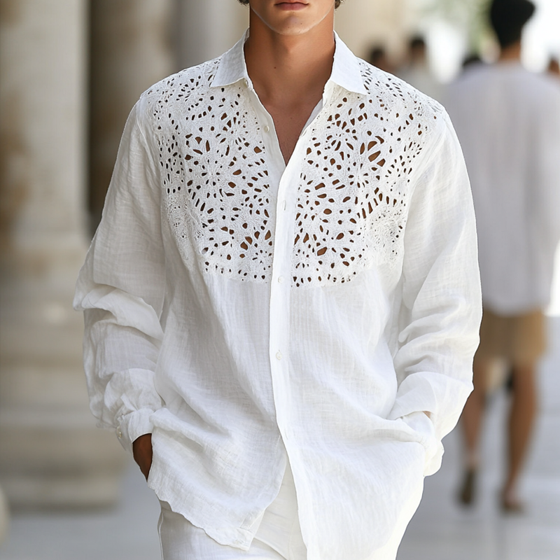 Men's Hollow Lace Stitching Lapel Long Sleeve Cotton And Linen Shirt 9953679573176