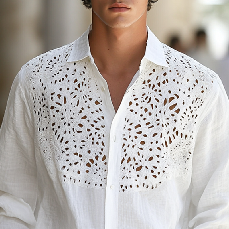 Men's Hollow Lace Stitching Lapel Long Sleeve Cotton And Linen Shirt 9953679573176