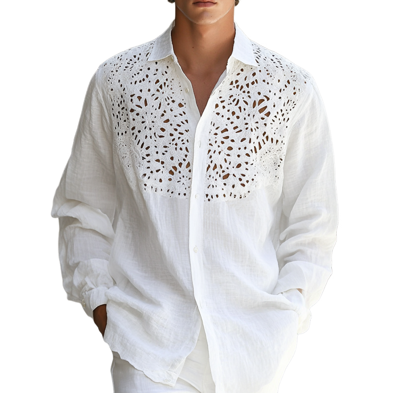 Men's Hollow Lace Stitching Lapel Long Sleeve Cotton And Linen Shirt 9953679573176