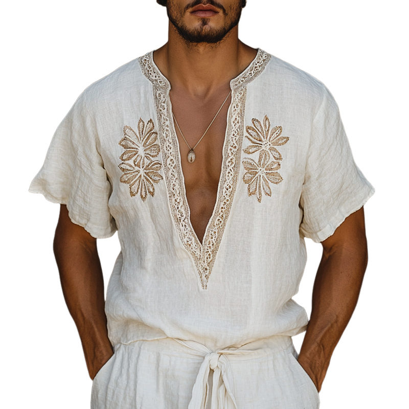 Men's Ethnic Style Embroidered V Neck Short Sleeve Cotton And Linen Shirt 9953676689592