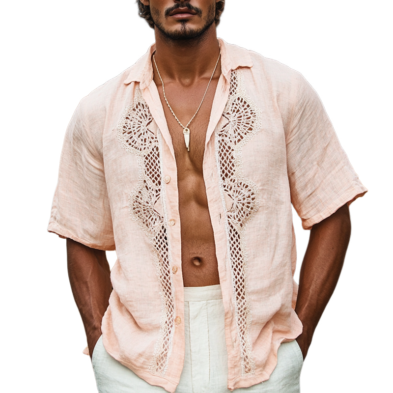Men's Ethnic Style Lace Stitching Lapel Short Sleeve Cotton And Linen Shirt 9953676427448