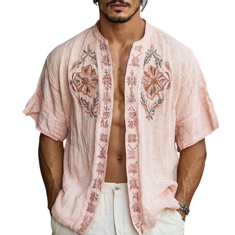 Men's Ethnic Style Embroidered Round Neck Short Sleeve Cotton And Linen Cardigan Shirt 9953676067000
