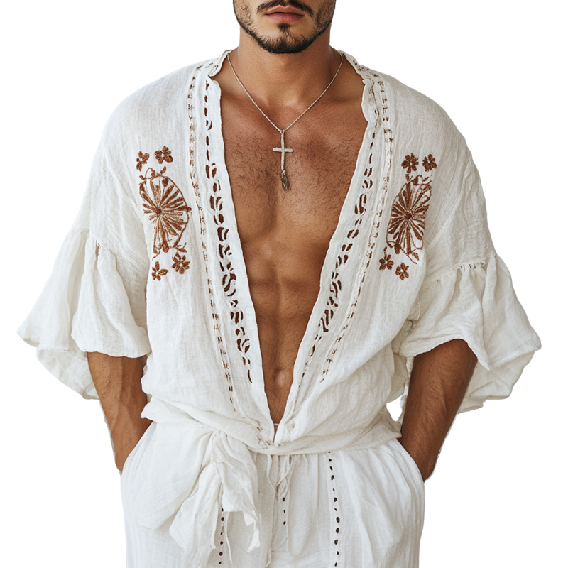 Men's Ethnic Style Embroidered Half Sleeve Cotton And Linen Cardigan Shirt 9953678262456