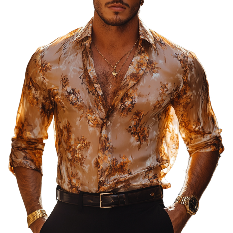 Men's Vintage Floral Print Chiffon Lapel Slim Fit Long Sleeve Shirt 9953665384632