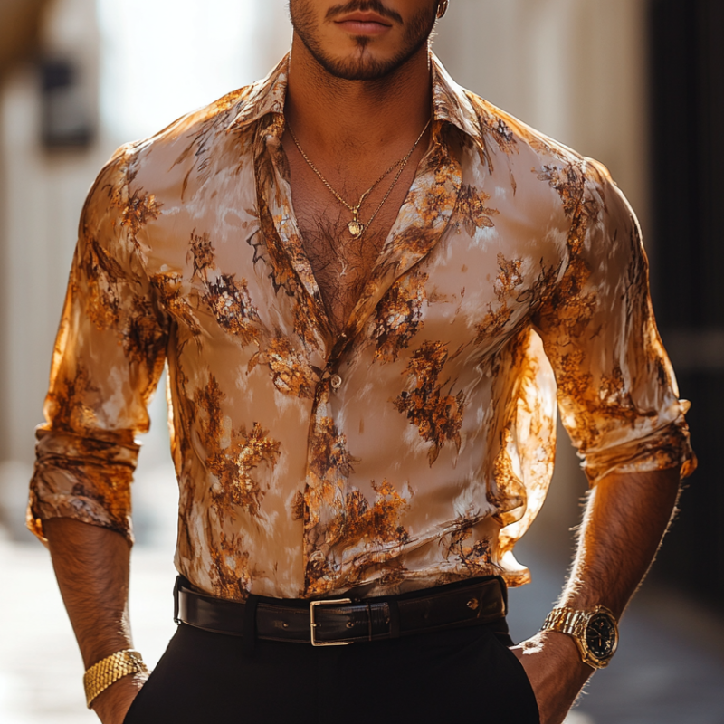 Men's Vintage Floral Print Chiffon Lapel Slim Fit Long Sleeve Shirt 9953665384632