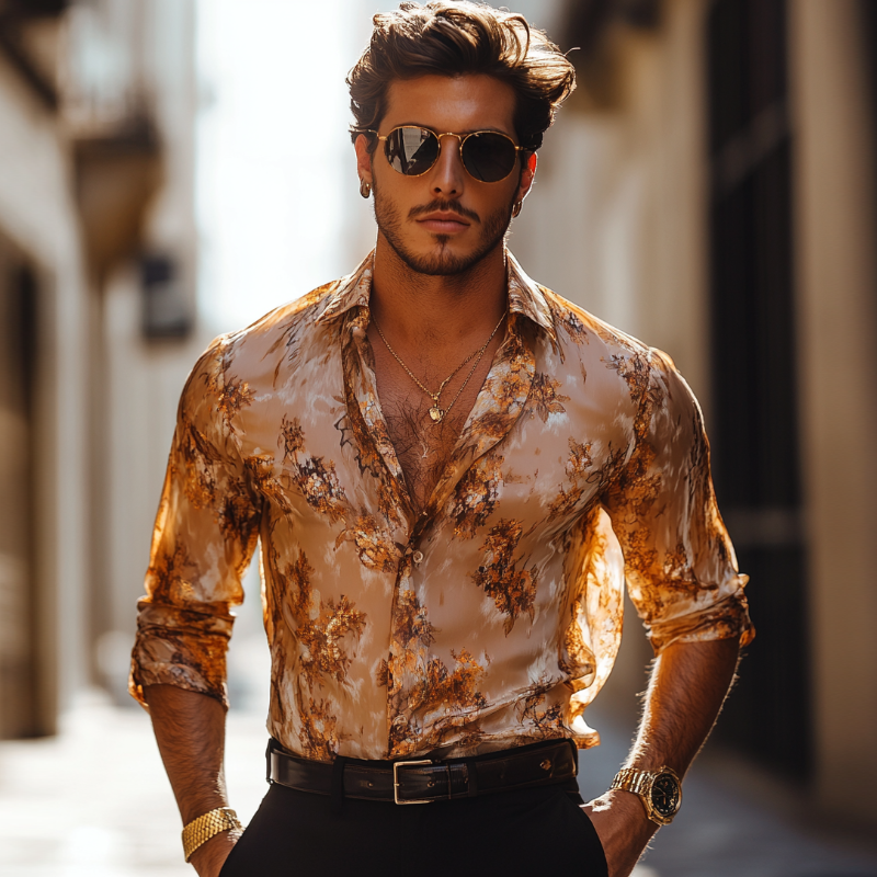 Men's Vintage Floral Print Chiffon Lapel Slim Fit Long Sleeve Shirt 9953665384632