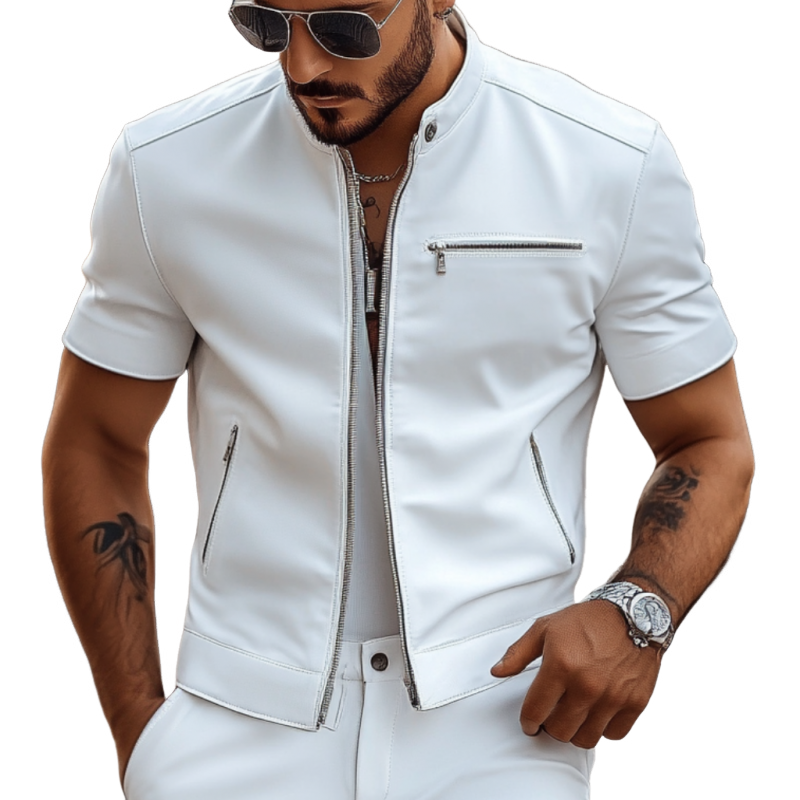 Men's Fashion Faux Leather Stand Collar Slim Fit Multi-Pocket Short Sleeve Shirt 9954876162232