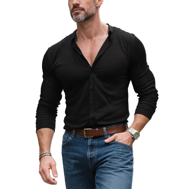 Men's Solid Color Striped Round Neck Long Sleeve Shirt 9261777780920