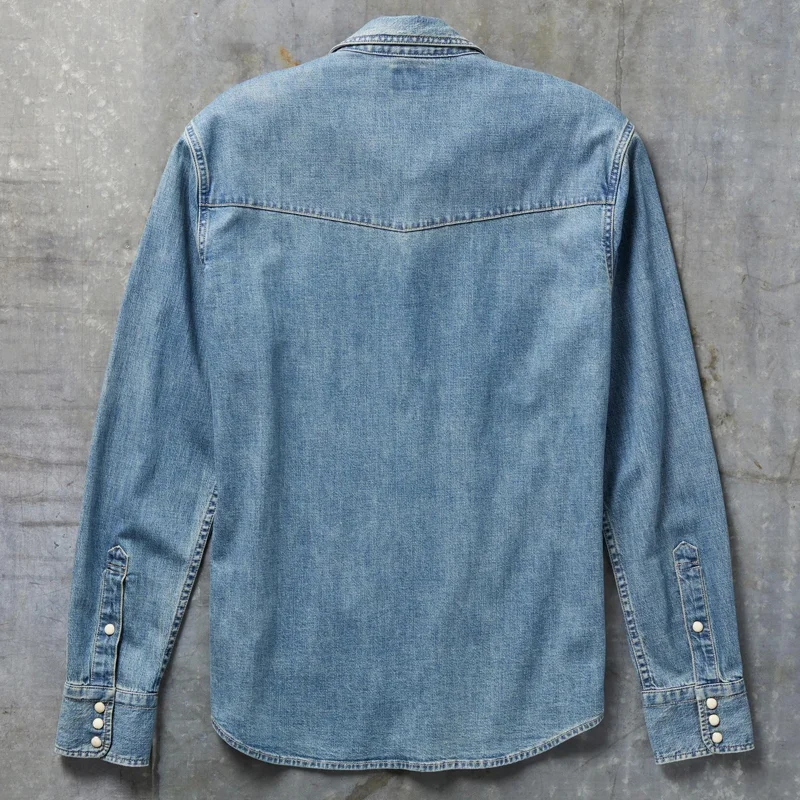 Men's Fashion Western Style Lapel Long Sleeve Denim Shirt 9903250571448