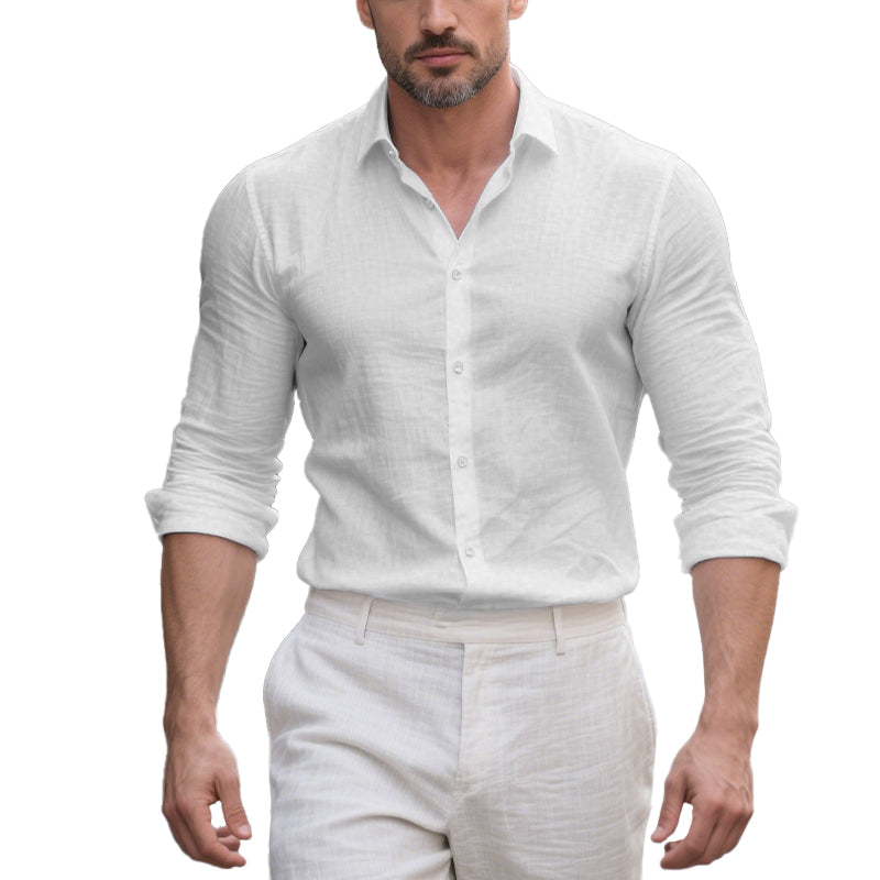Men's Cotton and Linen Casual Solid Color Lapel Shirt 9261774962872