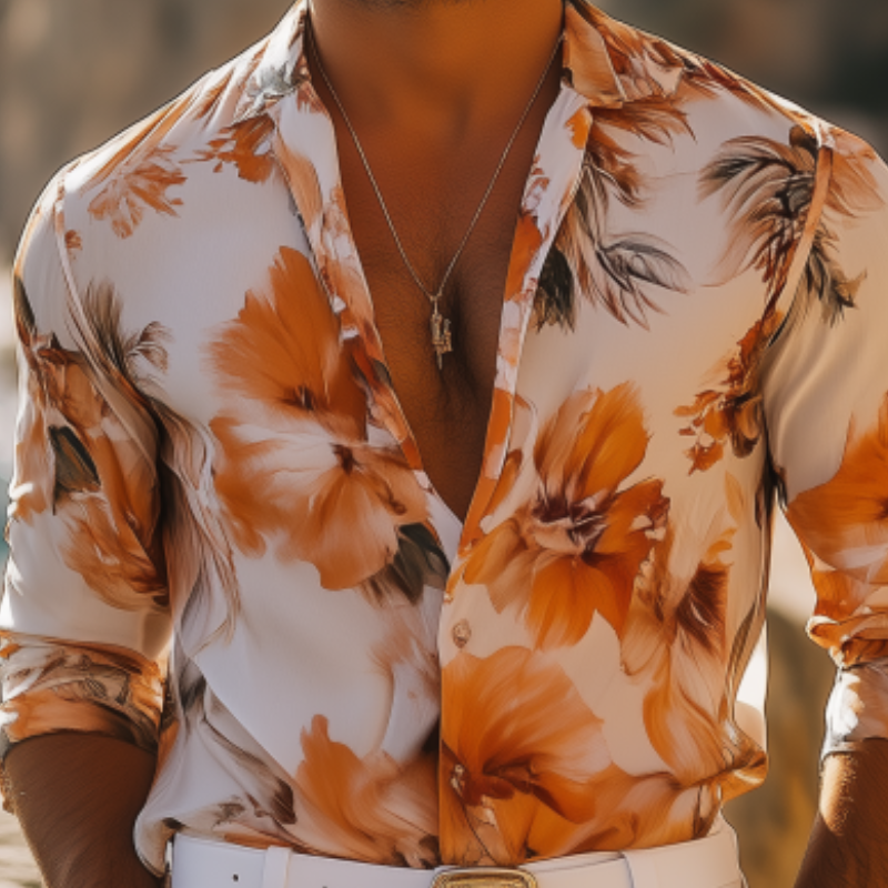 Men's Fashion Sicilian Style Chiffon Print Long Sleeve Shirt 9918991204536