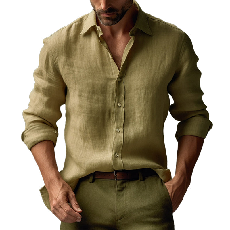 Men's Casual Solid Color Linen Lapel Slim Fit Long Sleeve Shirt 9261779681464