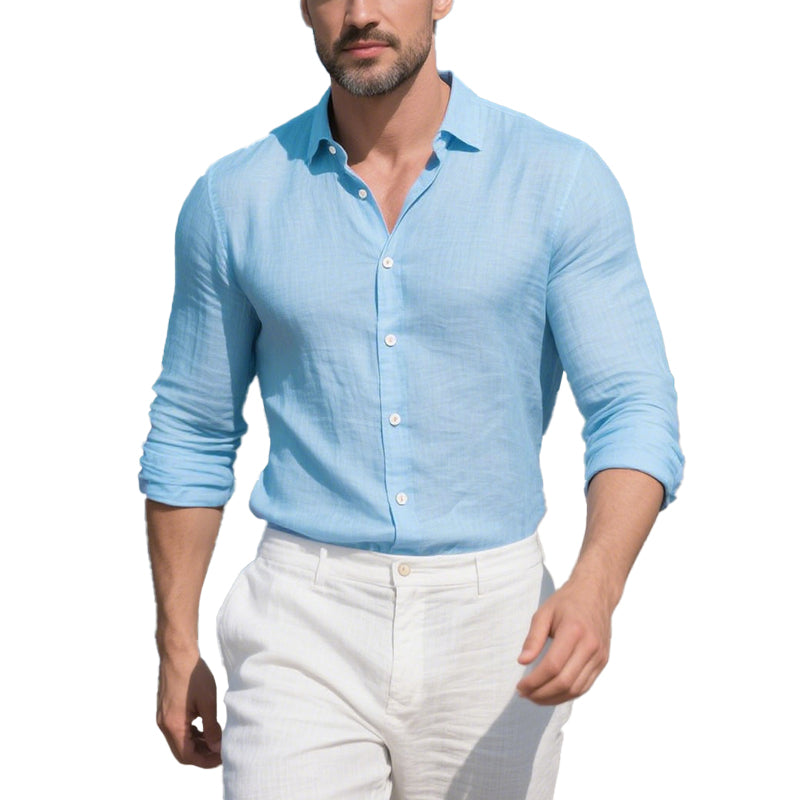 Men's Cotton and Linen Casual Solid Color Lapel Shirt 9261774962872