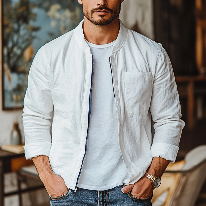 Men's Spring And Summer Solid Cotton And Linen Chest Pocket Zipper Jacket 9918991007928