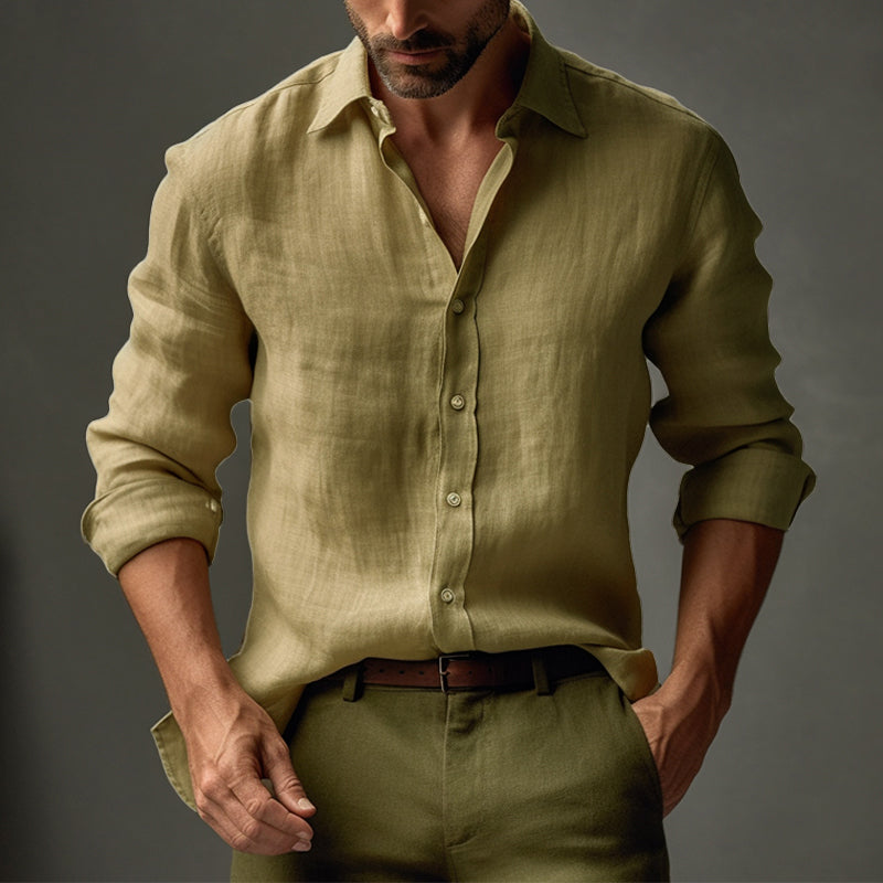 Men's Casual Solid Color Linen Lapel Slim Fit Long Sleeve Shirt 9261779681464