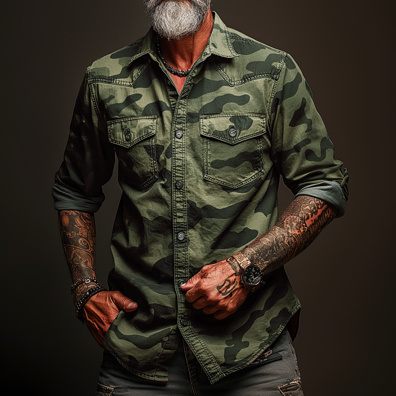 Men's Camouflage Lapel Chest Pocket Cargo Shirt 9261778370744
