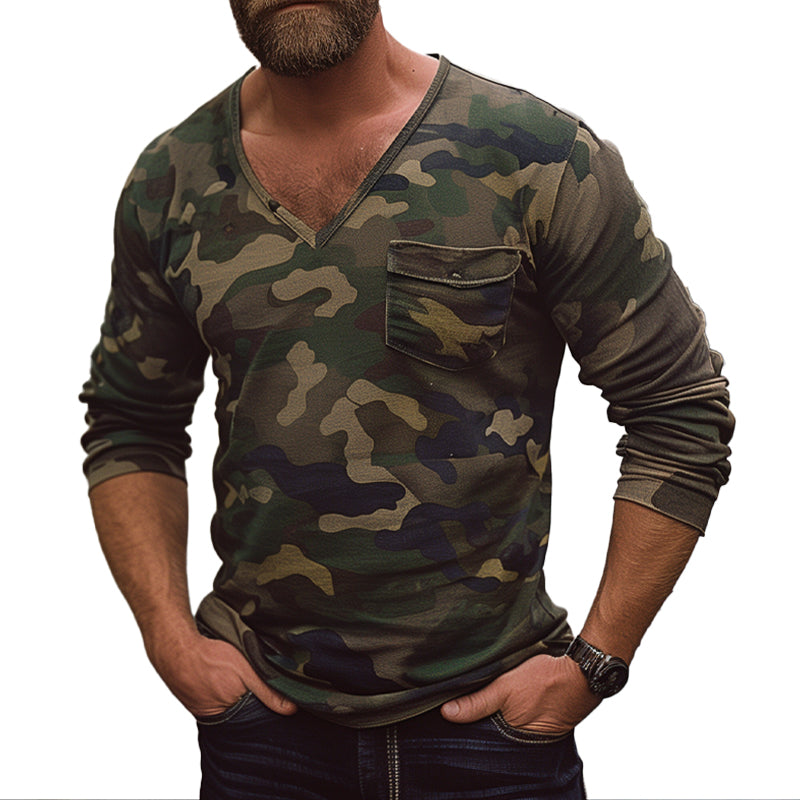 Men's Vintage Camouflage Pocket V-Neck Long Sleeve T-Shirt 9894194774200