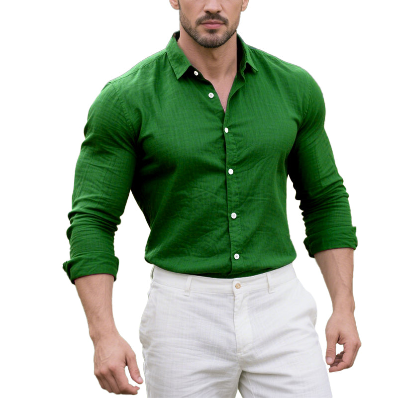 Men's Cotton and Linen Casual Solid Color Lapel Shirt 9261774962872