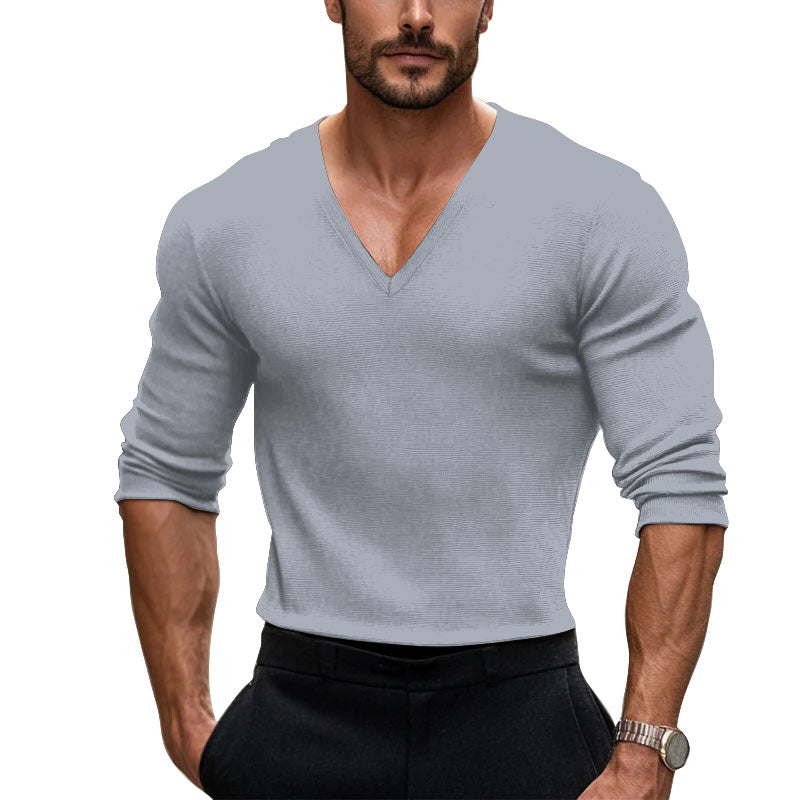 Men's V-Neck Ribbed Cotton Solid Color T-shirt 250700494
