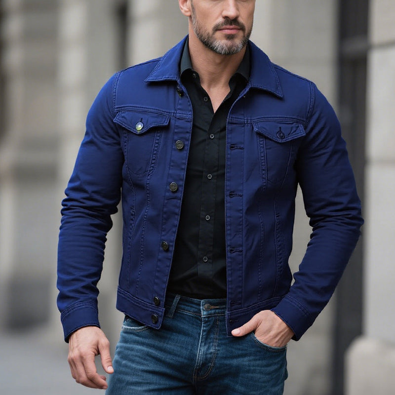 Men's Classic Solid Color Lapel Single Breasted Cargo Denim Jacket 9261078610104
