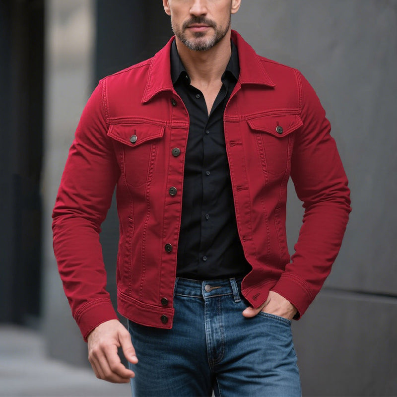 Men's Classic Solid Color Lapel Single Breasted Cargo Denim Jacket 9261078610104