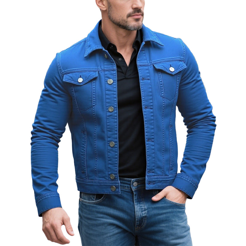 Men's Classic Solid Color Lapel Single Breasted Cargo Denim Jacket 9261078610104