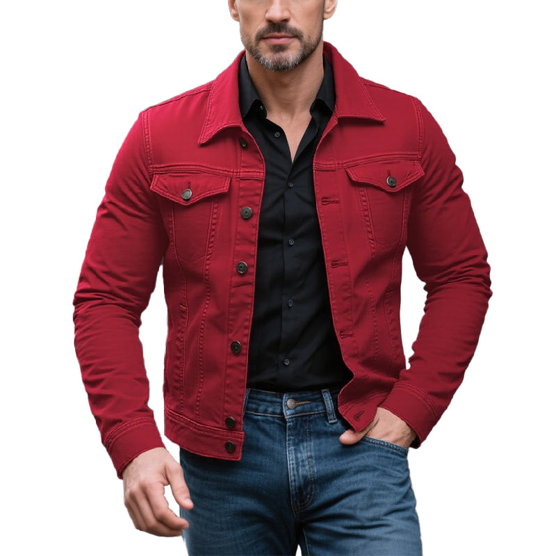 Men's Classic Solid Color Lapel Single Breasted Cargo Denim Jacket 9261078610104