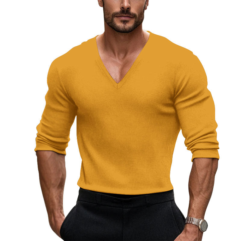 Men's V-Neck Ribbed Cotton Solid Color T-shirt 250700494