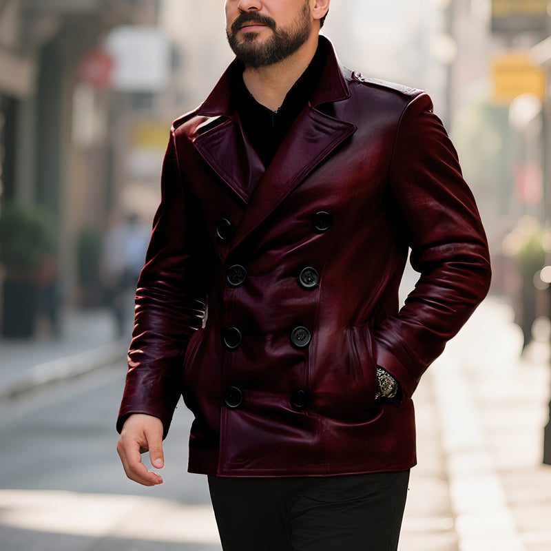 Men's Vintage Notch Lapel Double Breasted Slim Fit Leather Coat 9261100957880
