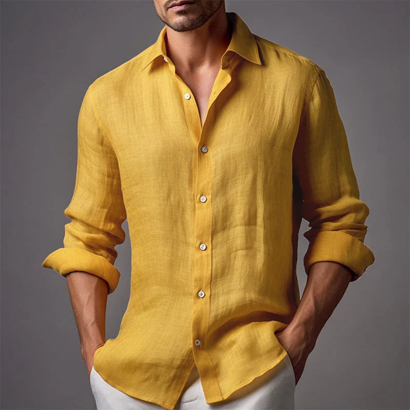 Men's Casual Solid Color Linen Lapel Slim Fit Long Sleeve Shirt 9261779681464