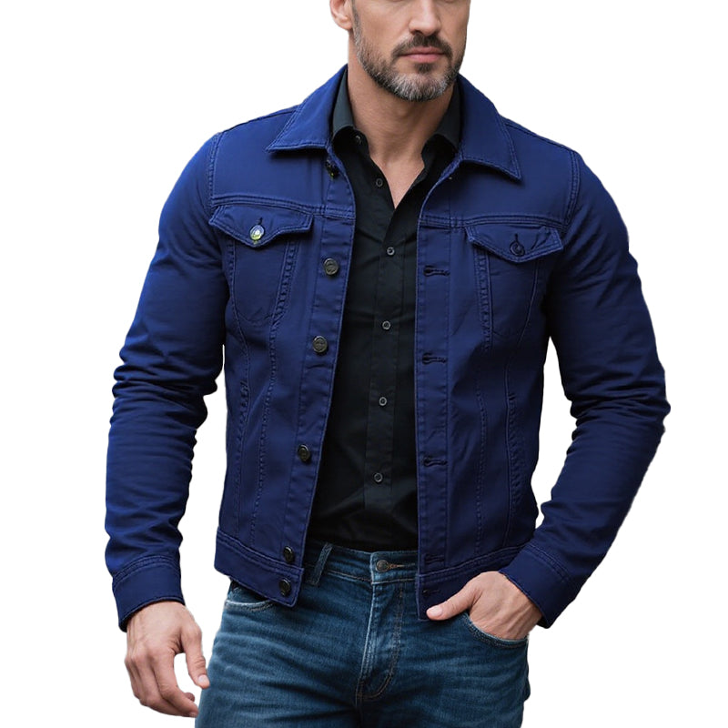 Men's Classic Solid Color Lapel Single Breasted Cargo Denim Jacket 9261078610104