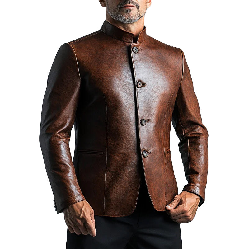 Men's Retro Stand Collar Single Breasted Long Sleeve PU Leather Jacket 9899605885112