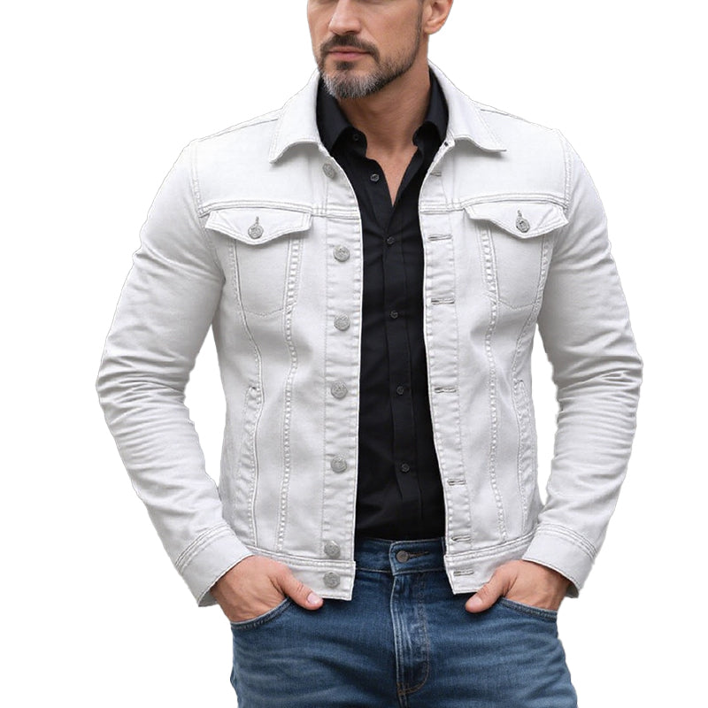 Men's Classic Solid Color Lapel Single Breasted Cargo Denim Jacket 9261078610104
