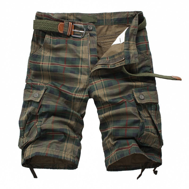 Men's Plaid Pattern Side Pockets Zipper Button Closure Summer Cargo Shorts 250600709X