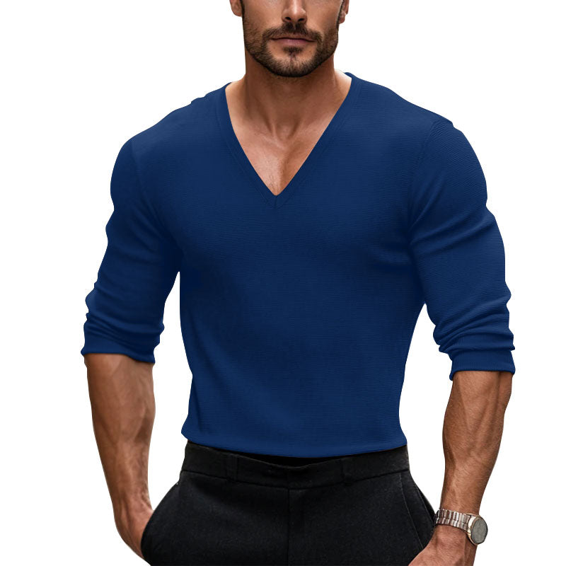 Men's V-Neck Ribbed Cotton Solid Color T-shirt 250700494