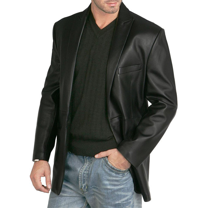 Men's Casual Loose Fit Black Leather Blazer 9905396842680