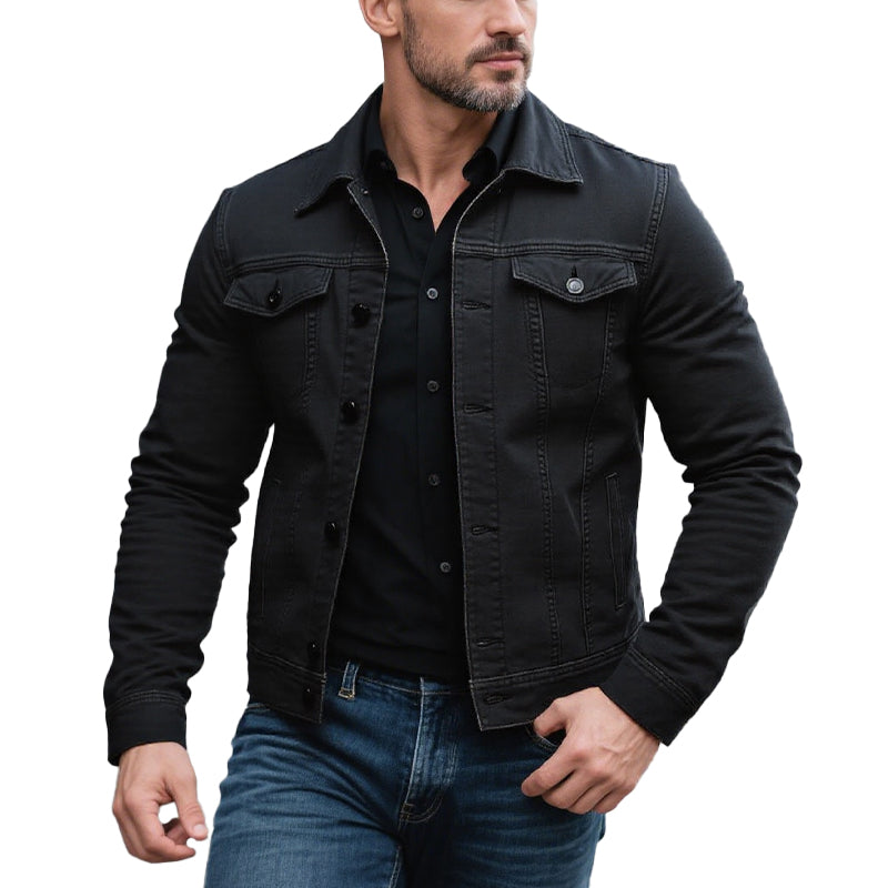 Men's Classic Solid Color Lapel Single Breasted Cargo Denim Jacket 9261078610104