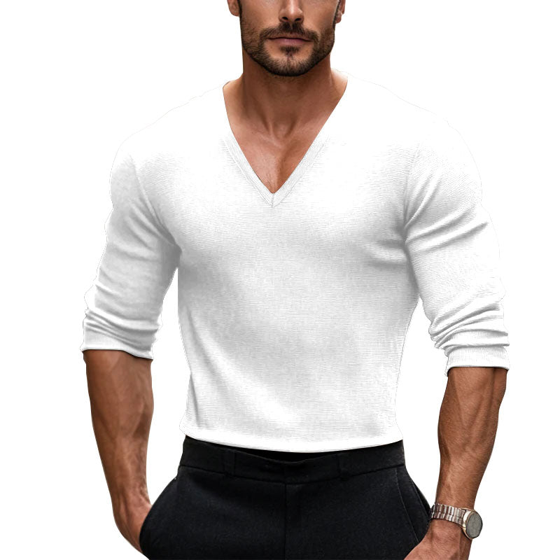 Men's V-Neck Ribbed Cotton Solid Color T-shirt 250700494