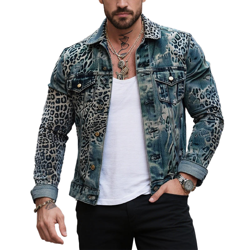 Men's Leopard Ombre Print Denim Trucker Jacket 9261077921976